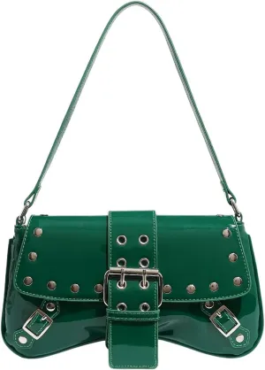 QWINEE Women's Y2K Studded Metal Buckle Shoulder Bag Magnet Zipper Punk Underarm Purse