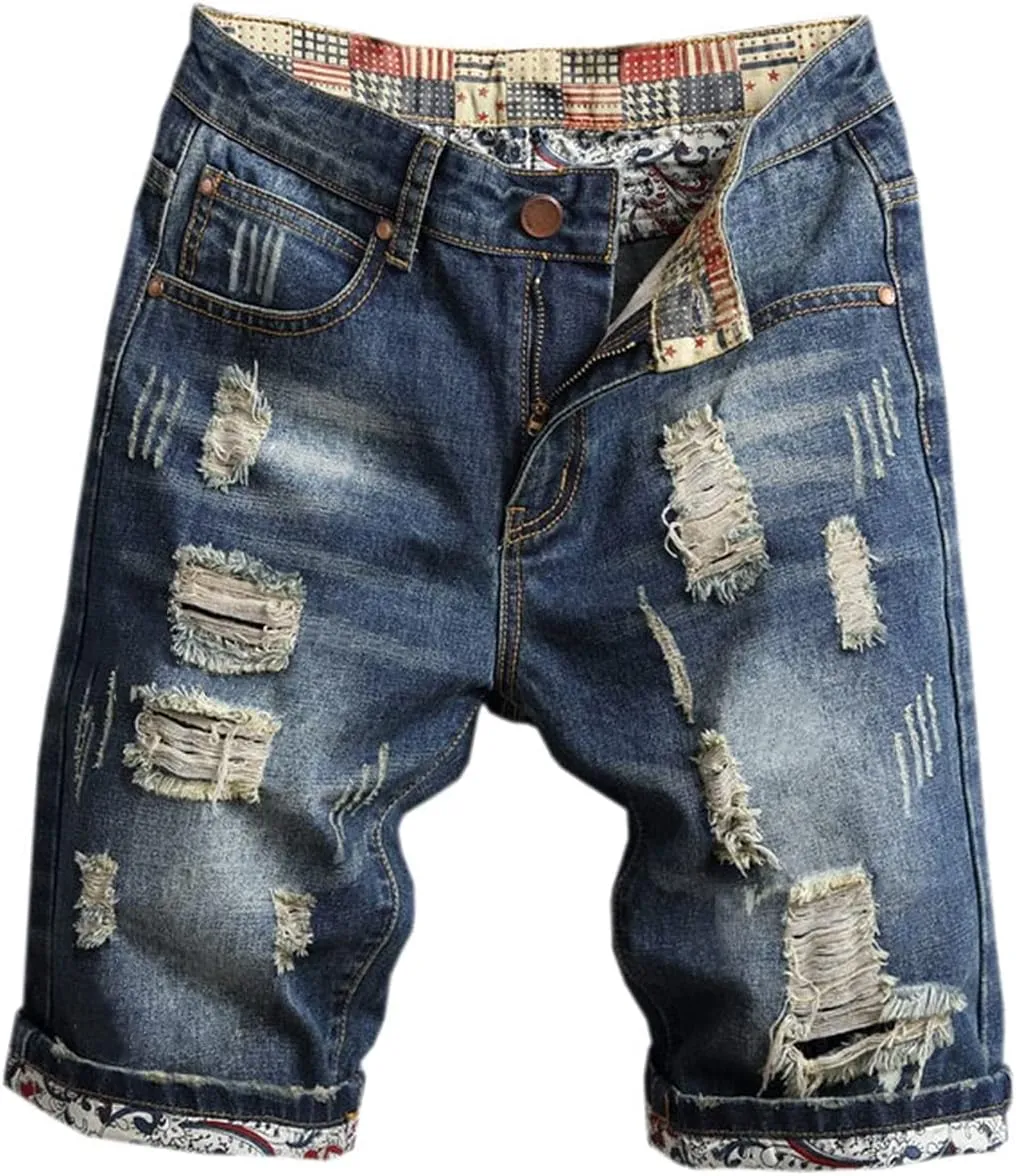 QZH.DUAO Men's Ripped Denim Shorts & Jeans Summer Casual Classic Straight Distressed Ripped Short Jeans