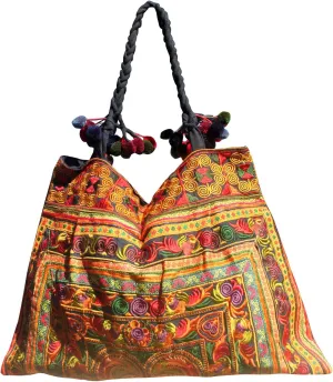 RaanPahMuang Large Oversize Hill Tribe Square Cut Thick Embroidered Shoulder Bag, Yellow Black