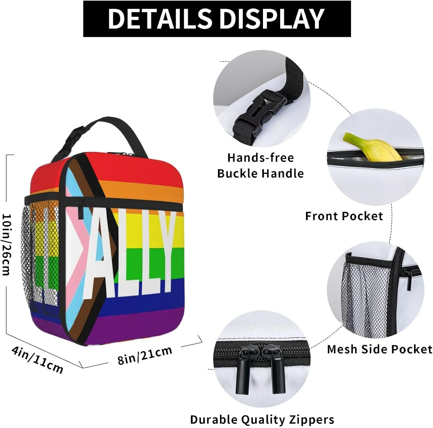 Rainbow Progress Pride Flag ALLY Insulated Lunch Bag Reusable Lunch Box Picnic Organizer Portable Tote Bags Thermal Container Ice Pack Food Handbag for Work Travel Gym