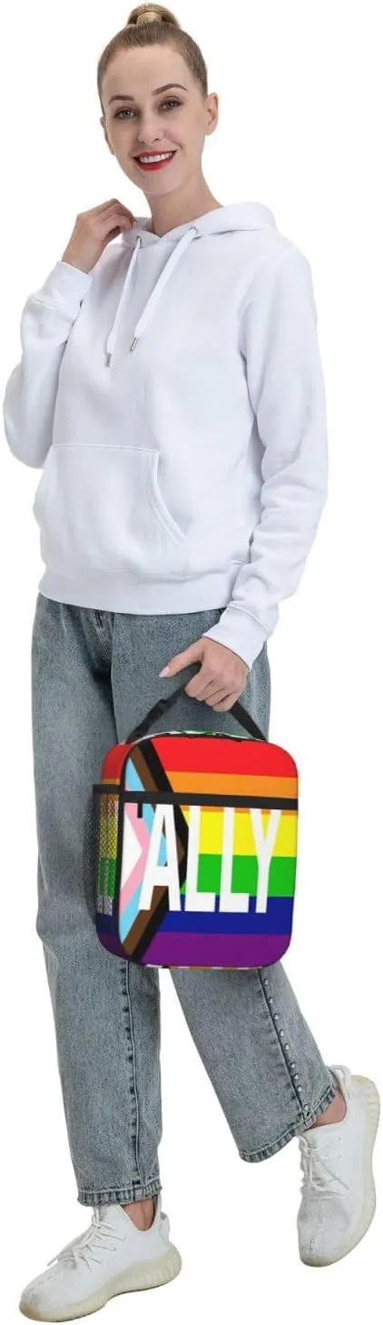 Rainbow Progress Pride Flag ALLY Insulated Lunch Bag Reusable Lunch Box Picnic Organizer Portable Tote Bags Thermal Container Ice Pack Food Handbag for Work Travel Gym