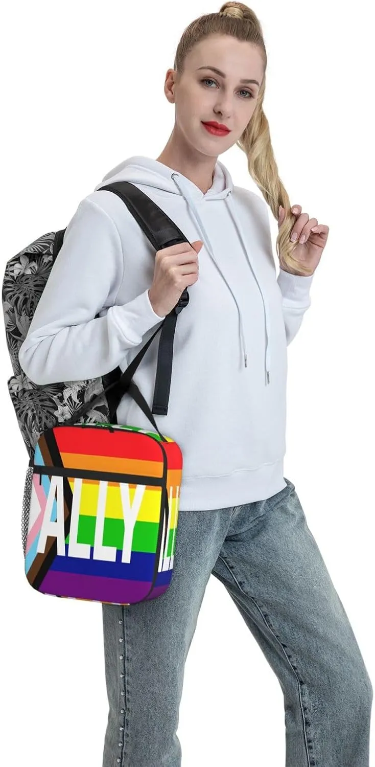 Rainbow Progress Pride Flag ALLY Insulated Lunch Bag Reusable Lunch Box Picnic Organizer Portable Tote Bags Thermal Container Ice Pack Food Handbag for Work Travel Gym
