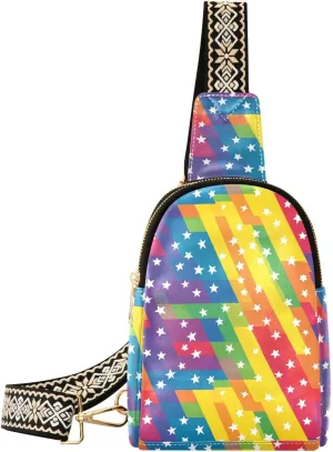Rainbow Star Mini Crossbody Bag with Full-Print PU Leather Fashion Waist Pack with Adjustable Strap & Card Holder Great for Hiking Fishing Beach Travel & More