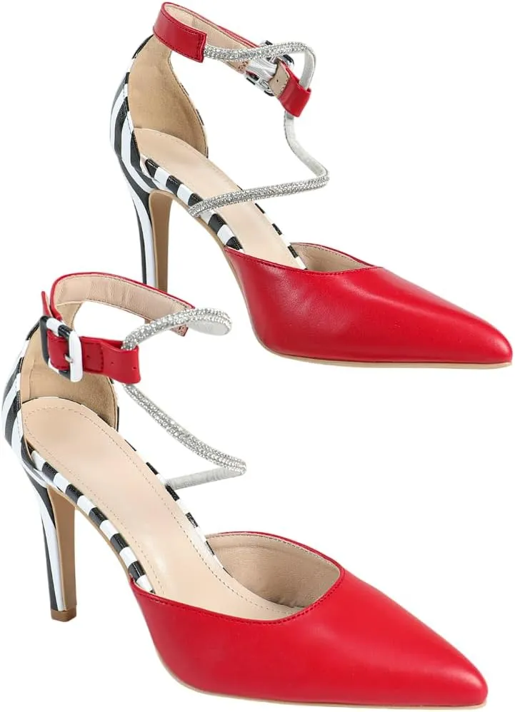 Red High Heel Sandals for Women, Women's Rhinestone-Embellished Crisscross Strap Heels with Black & White Striped Heel, Bold Dressy Shoes for Parties, Weddings & Evening Events (US 6-10.5)