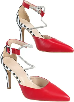 Red High Heel Sandals for Women, Women's Rhinestone-Embellished Crisscross Strap Heels with Black & White Striped Heel, Bold Dressy Shoes for Parties, Weddings & Evening Events (US 6-10.5)