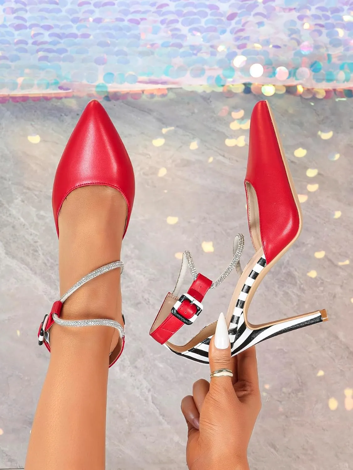 Red High Heel Sandals for Women, Women's Rhinestone-Embellished Crisscross Strap Heels with Black & White Striped Heel, Bold Dressy Shoes for Parties, Weddings & Evening Events (US 6-10.5)