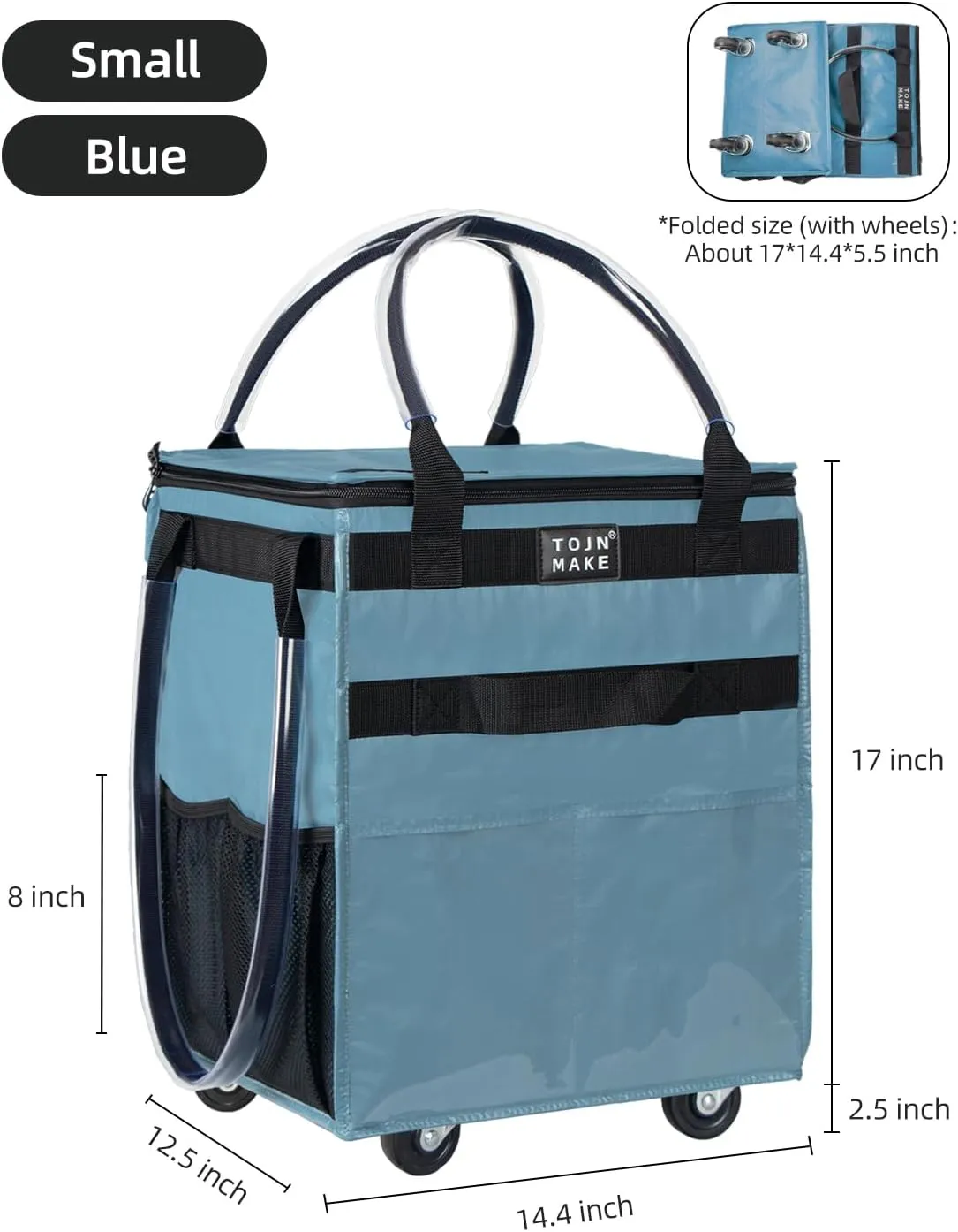 Reusable Grocery Bag On Wheels Shopping Trolley with 8 Pockets and Zipper Cover Foldable Rolling Tote, Heavy Duty Handles, Carries Up to 22 LBS (Small, Blue)
