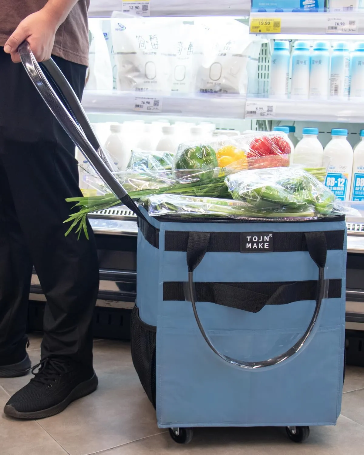 Reusable Grocery Bag On Wheels Shopping Trolley with 8 Pockets and Zipper Cover Foldable Rolling Tote, Heavy Duty Handles, Carries Up to 22 LBS (Small, Blue)