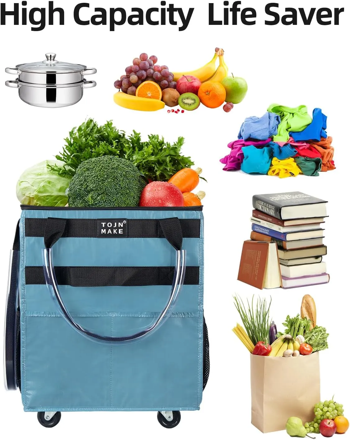 Reusable Grocery Bag On Wheels Shopping Trolley with 8 Pockets and Zipper Cover Foldable Rolling Tote, Heavy Duty Handles, Carries Up to 22 LBS (Small, Blue)