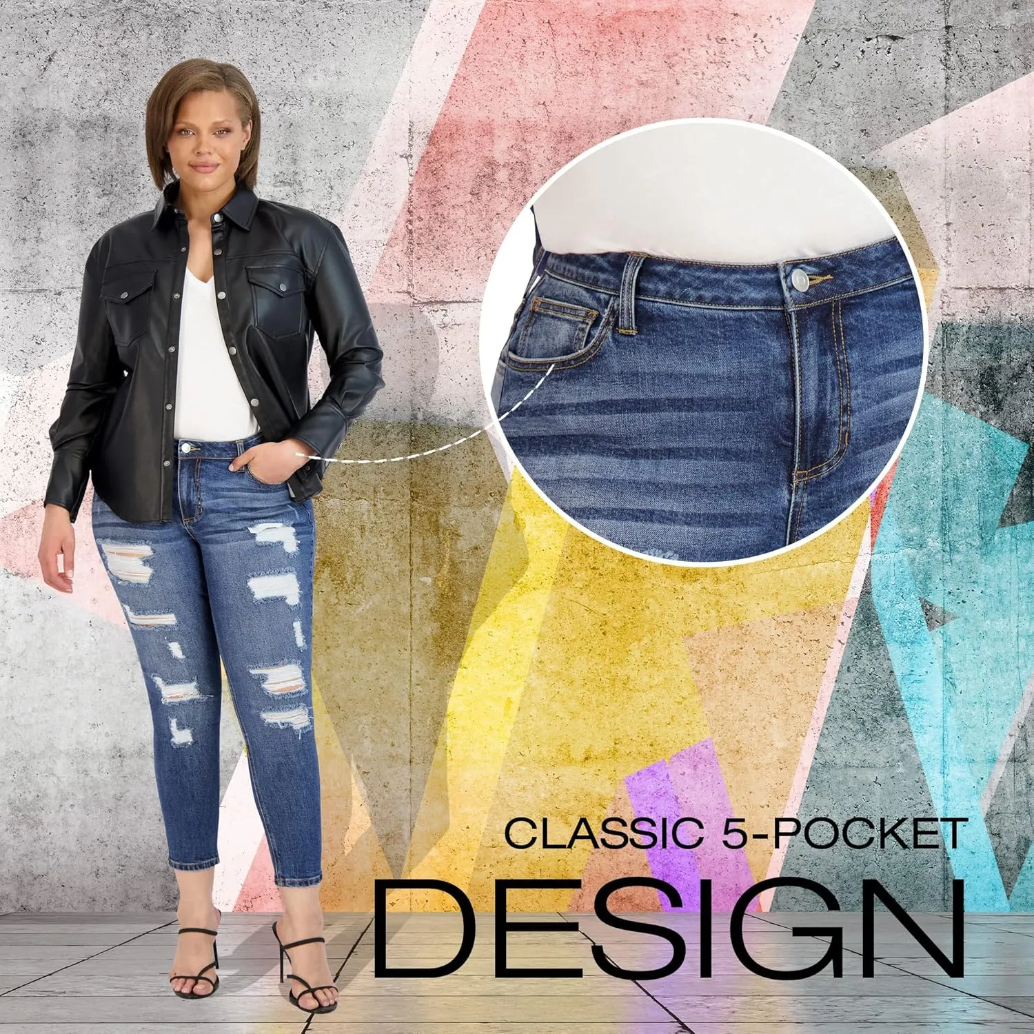 Ripped Denim Plus Size Jeans for Women - Cuffed Hem Stretchy Jeans, Ladies High-Waisted Pants