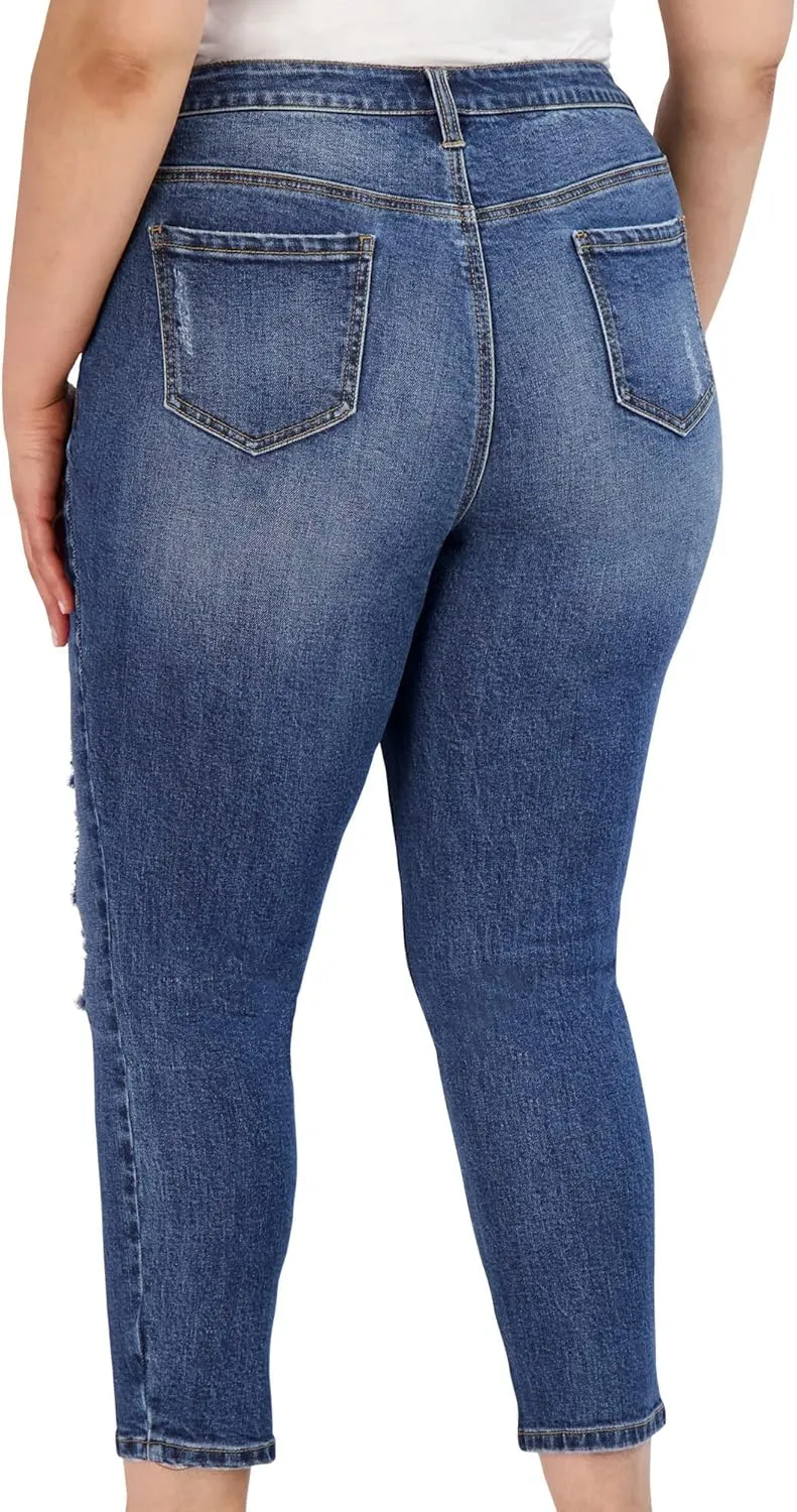 Ripped Denim Plus Size Jeans for Women - Cuffed Hem Stretchy Jeans, Ladies High-Waisted Pants