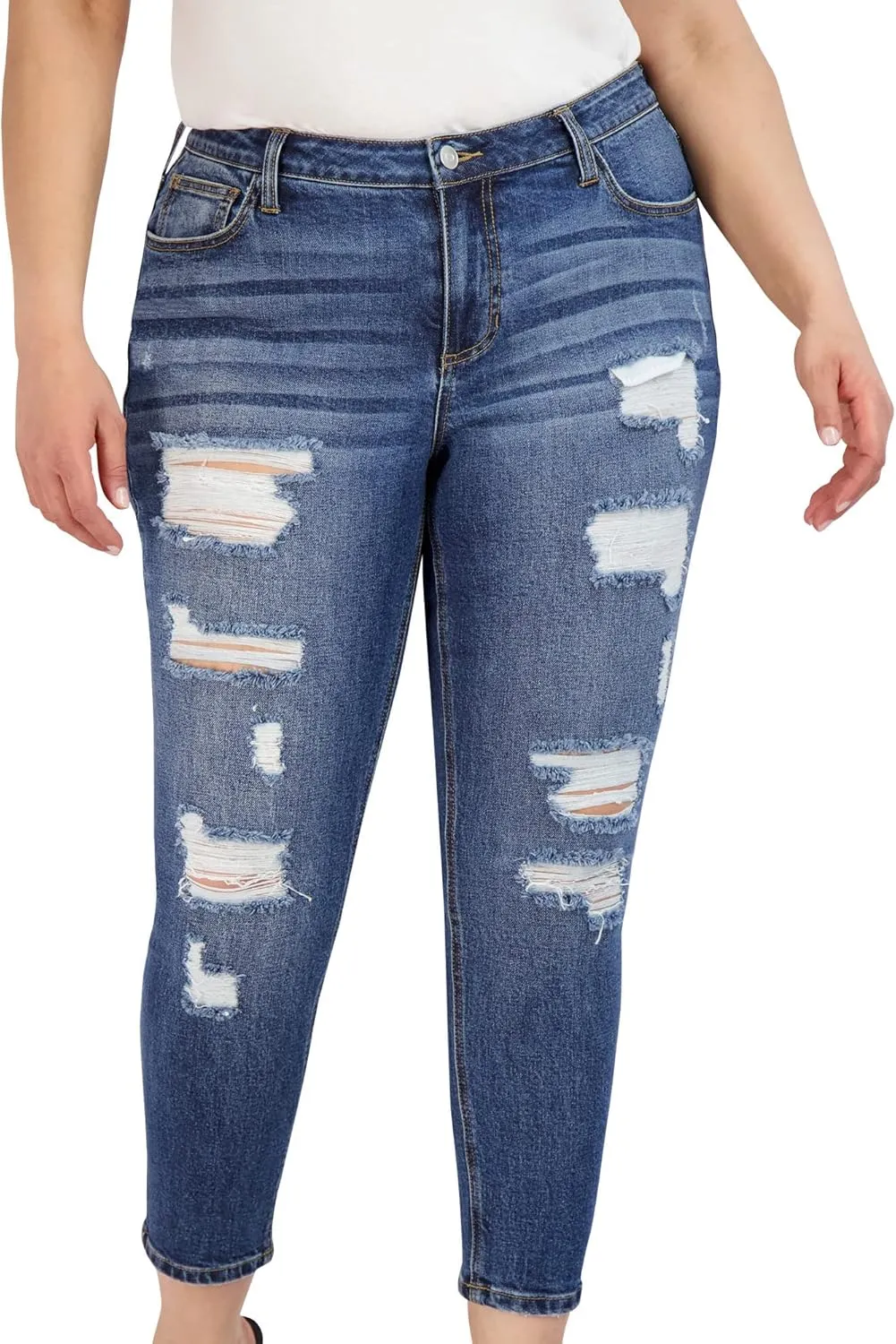 Ripped Denim Plus Size Jeans for Women - Cuffed Hem Stretchy Jeans, Ladies High-Waisted Pants