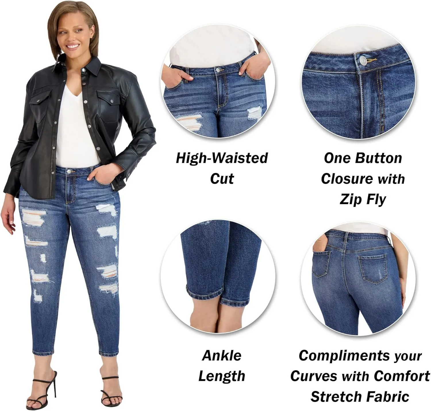 Ripped Denim Plus Size Jeans for Women - Cuffed Hem Stretchy Jeans, Ladies High-Waisted Pants