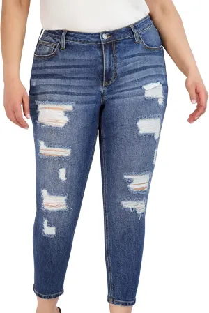 Ripped Denim Plus Size Jeans for Women - Cuffed Hem Stretchy Jeans, Ladies High-Waisted Pants