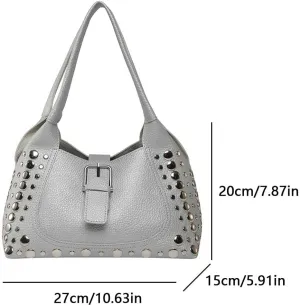 Rivet Shoulder Bag PU Leather Underarm Purse with Buckle Designer Handbag for Women