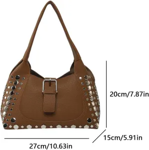 Rivet Shoulder Bag PU Leather Underarm Purse with Buckle Designer Handbag for Women