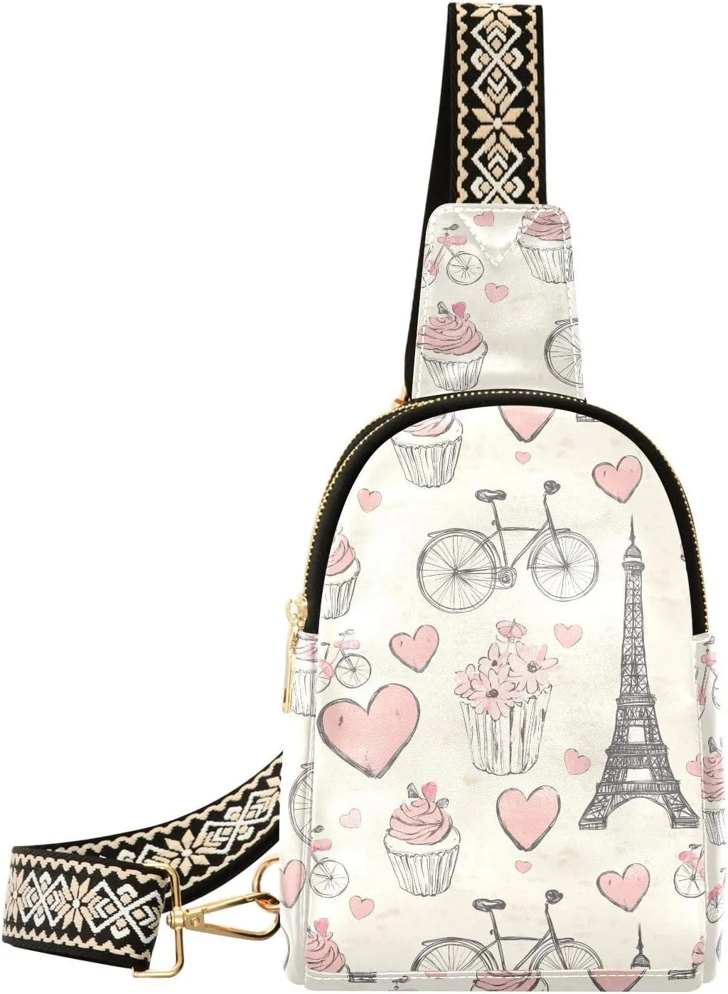 Romantic Paris Mini Crossbody Bag with Full-Print PU Leather Fashion Waist Pack with Adjustable Strap & Card Holder Great for Hiking Fishing Beach Travel & More