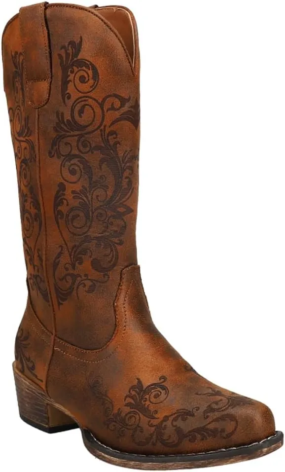 ROPER Womens Tall Stuff Embroidery Snip Toe Casual Boots Mid Calf Low Heel 1-2" - Brown