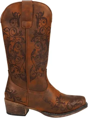 ROPER Womens Tall Stuff Embroidery Snip Toe Casual Boots Mid Calf Low Heel 1-2" - Brown