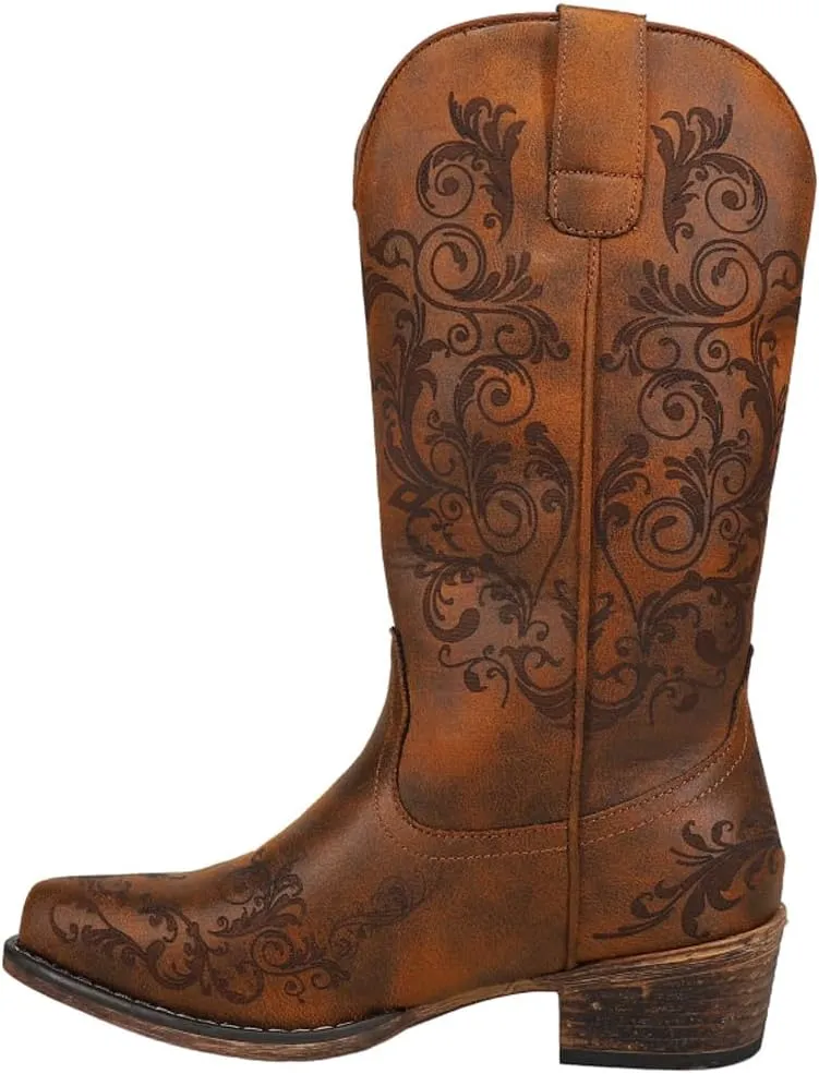 ROPER Womens Tall Stuff Embroidery Snip Toe Casual Boots Mid Calf Low Heel 1-2" - Brown