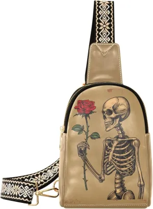Rose Skull Compact Fashion Daypack Full-Print PU Leather Crossbody Bag with Card Pocket & Adjustable Strap for Women on the Go Festivals Travel & Hikes