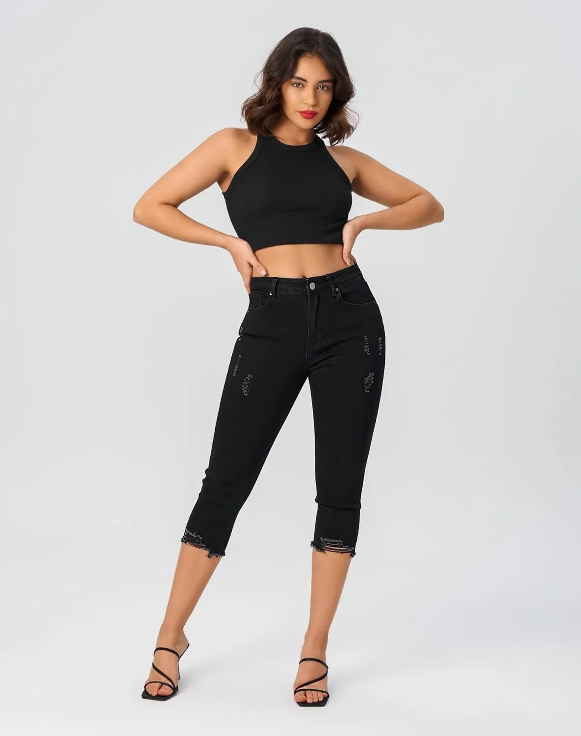 roswear Women's Capri Pants Mid Rise Skinny Ripped Stretchy Cropped Distressed Jeans