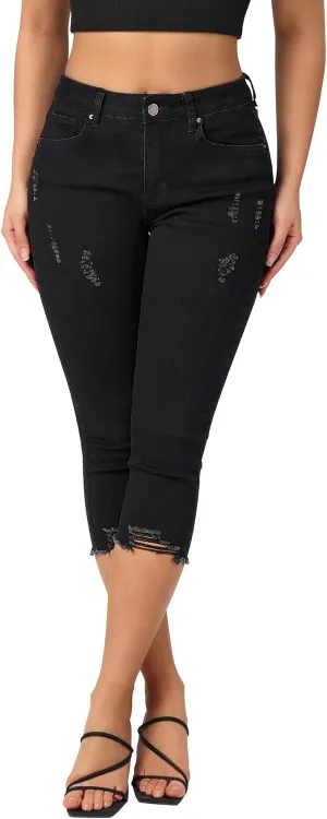 roswear Women's Capri Pants Mid Rise Skinny Ripped Stretchy Cropped Distressed Jeans