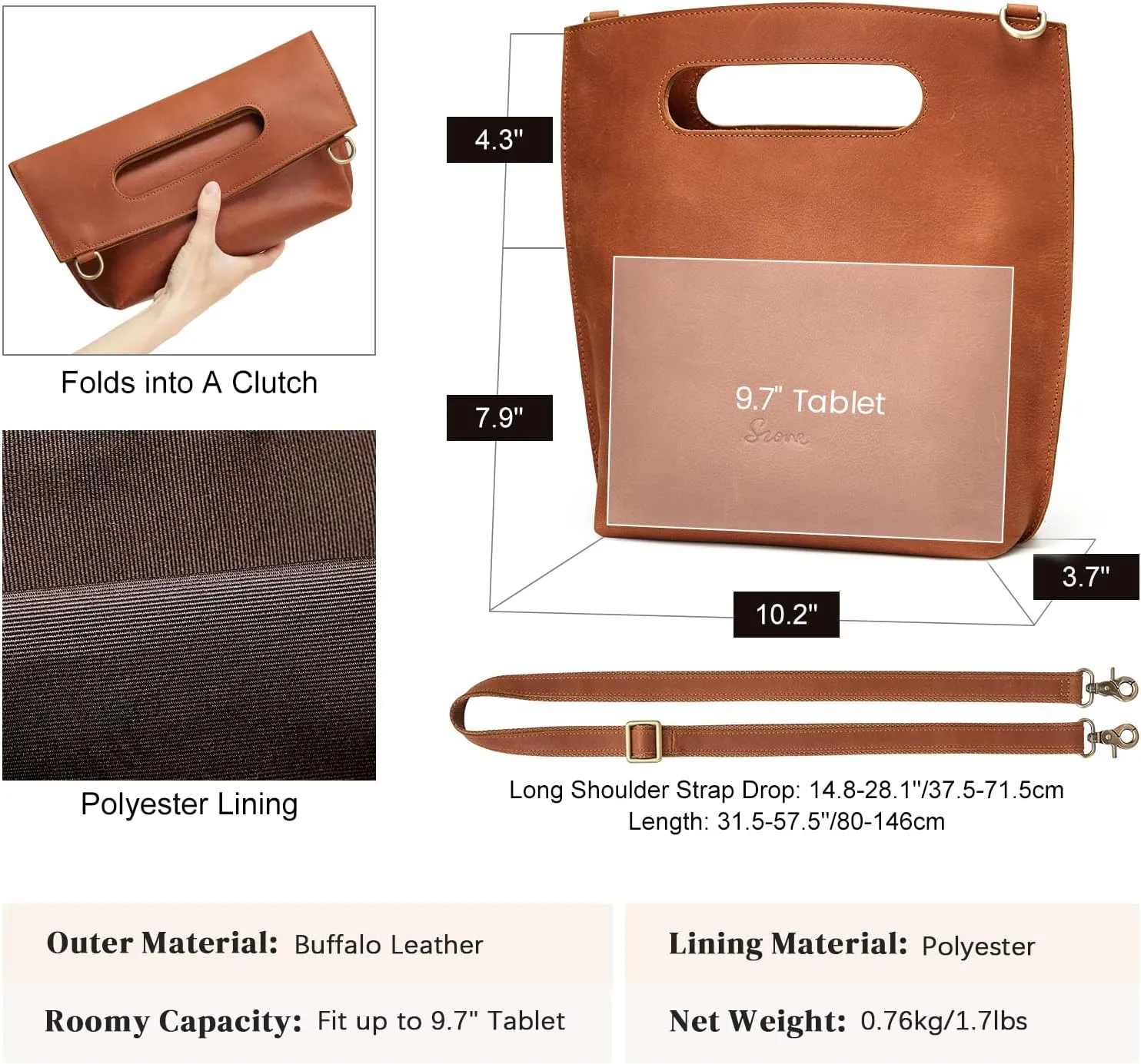 S-ZONE Women Vintage Genuine Leather Crossbody Bag Distressed Foldable Clutch Top Handle Handbag Purse