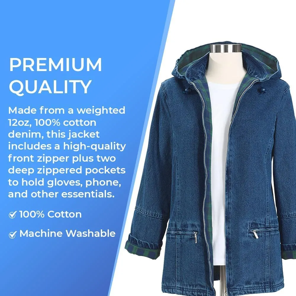 SAGEFINDS Women’s Flannel Lined Denim Jacket | Detachable Hood | Zip Front and Side Pockets | 100% Cotton
