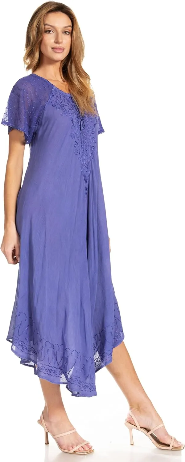 Sakkas Egan Long Embroidered Caftan Dress/Cover Up with Embroidered Cap Sleeves