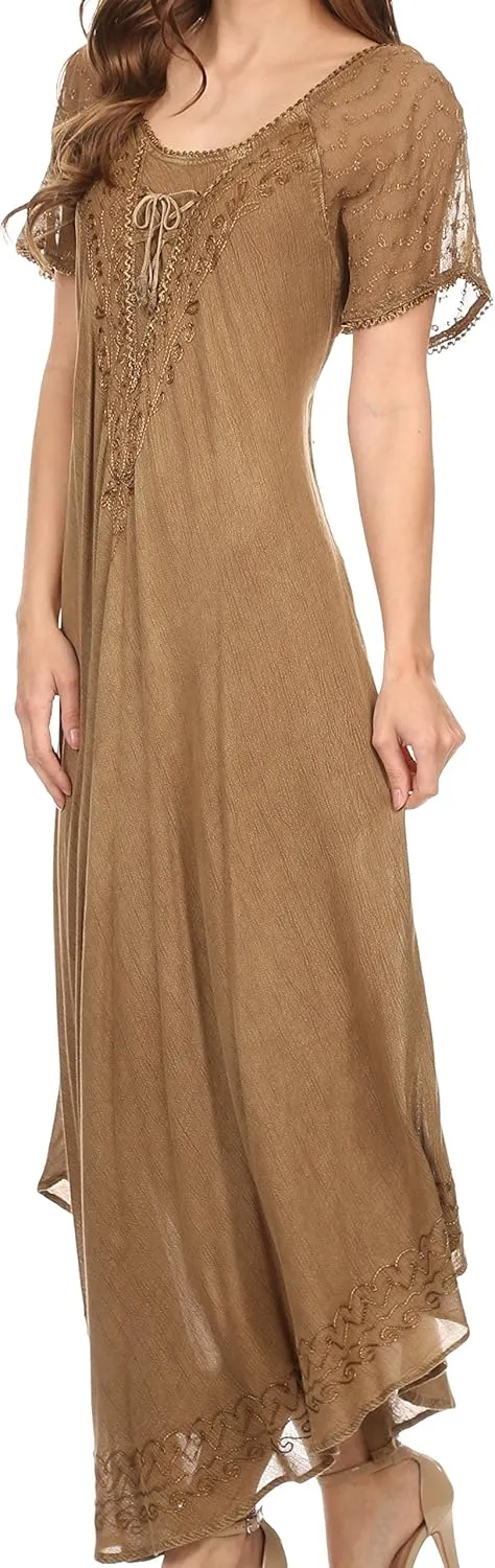 Sakkas Egan Long Embroidered Caftan Dress/Cover Up with Embroidered Cap Sleeves