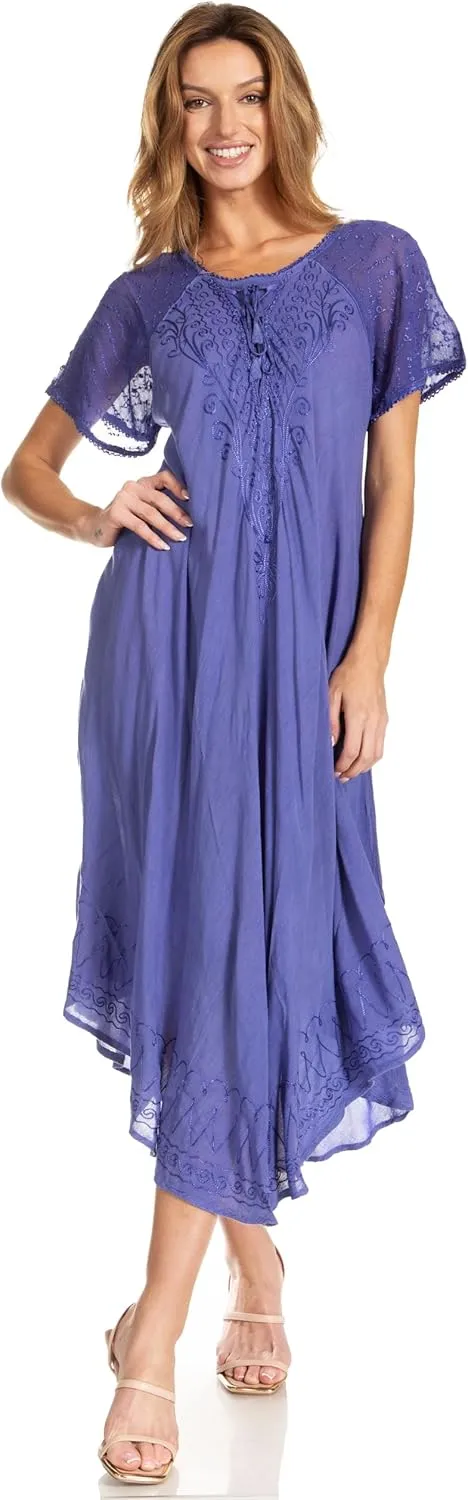 Sakkas Egan Long Embroidered Caftan Dress/Cover Up with Embroidered Cap Sleeves