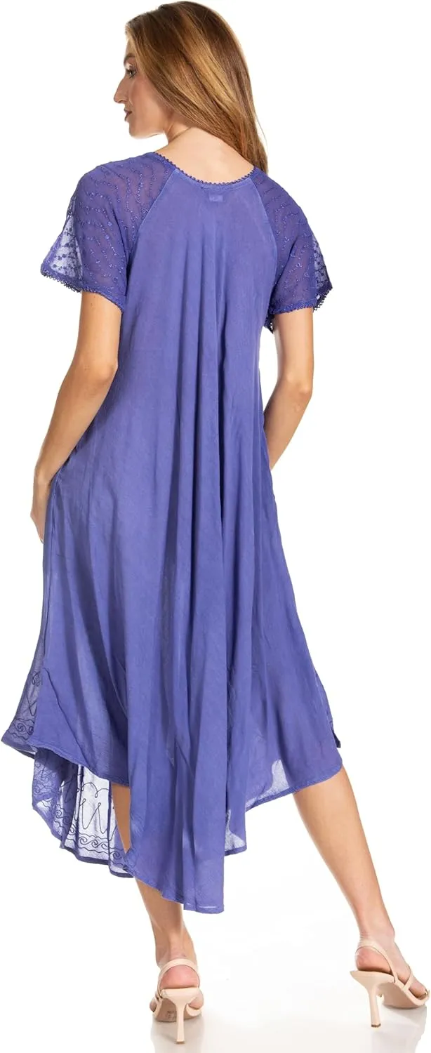 Sakkas Egan Long Embroidered Caftan Dress/Cover Up with Embroidered Cap Sleeves