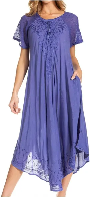 Sakkas Egan Long Embroidered Caftan Dress/Cover Up with Embroidered Cap Sleeves