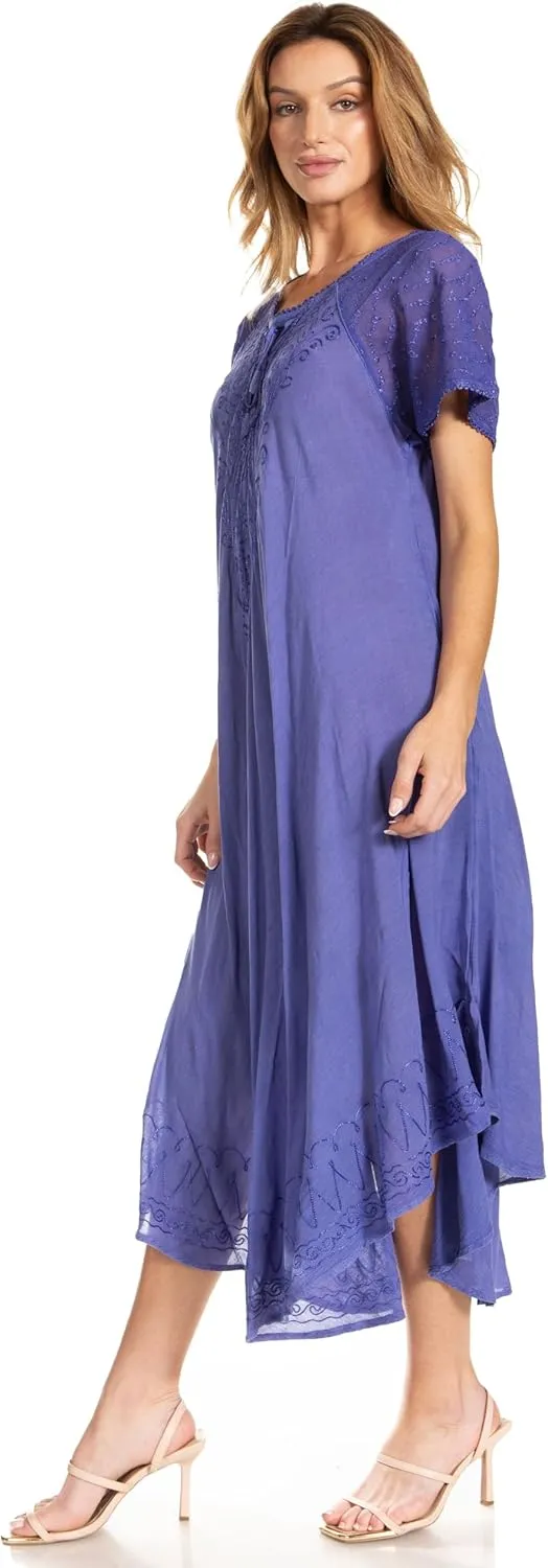 Sakkas Egan Long Embroidered Caftan Dress/Cover Up with Embroidered Cap Sleeves