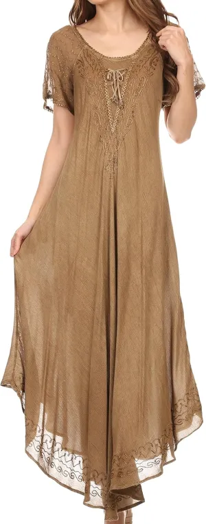 Sakkas Egan Long Embroidered Caftan Dress/Cover Up with Embroidered Cap Sleeves