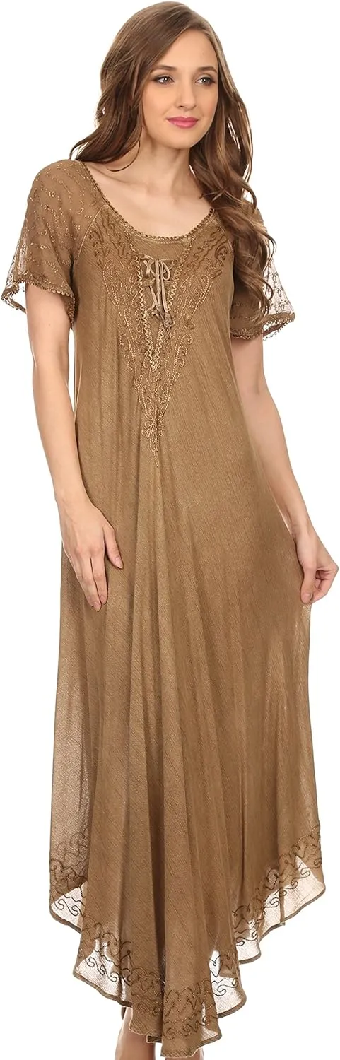 Sakkas Egan Long Embroidered Caftan Dress/Cover Up with Embroidered Cap Sleeves