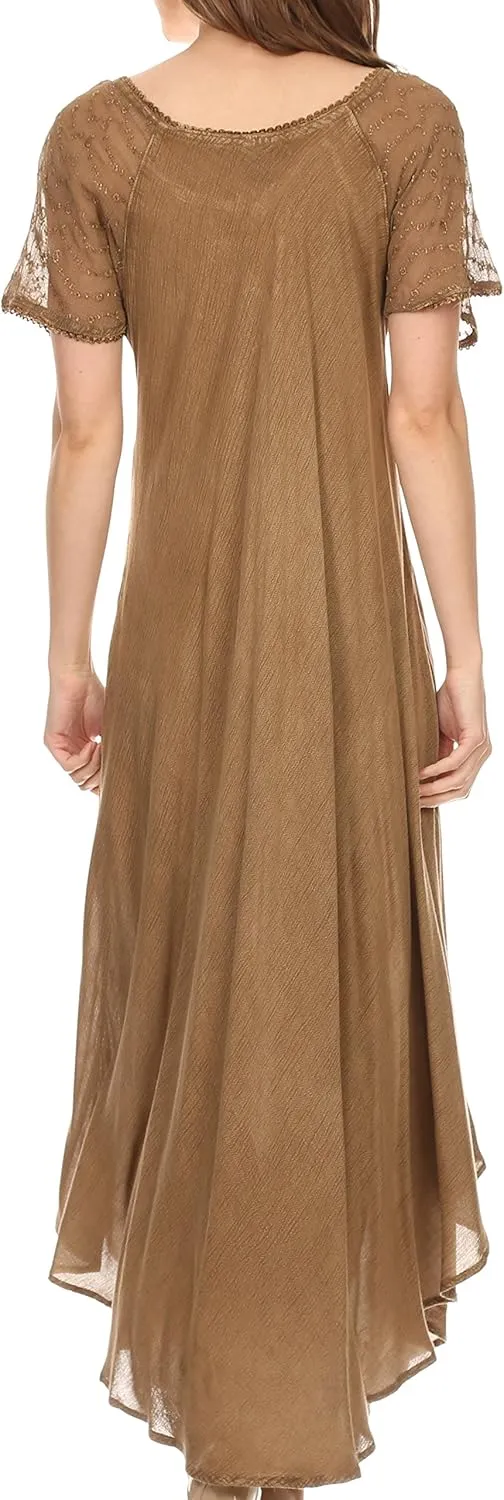 Sakkas Egan Long Embroidered Caftan Dress/Cover Up with Embroidered Cap Sleeves