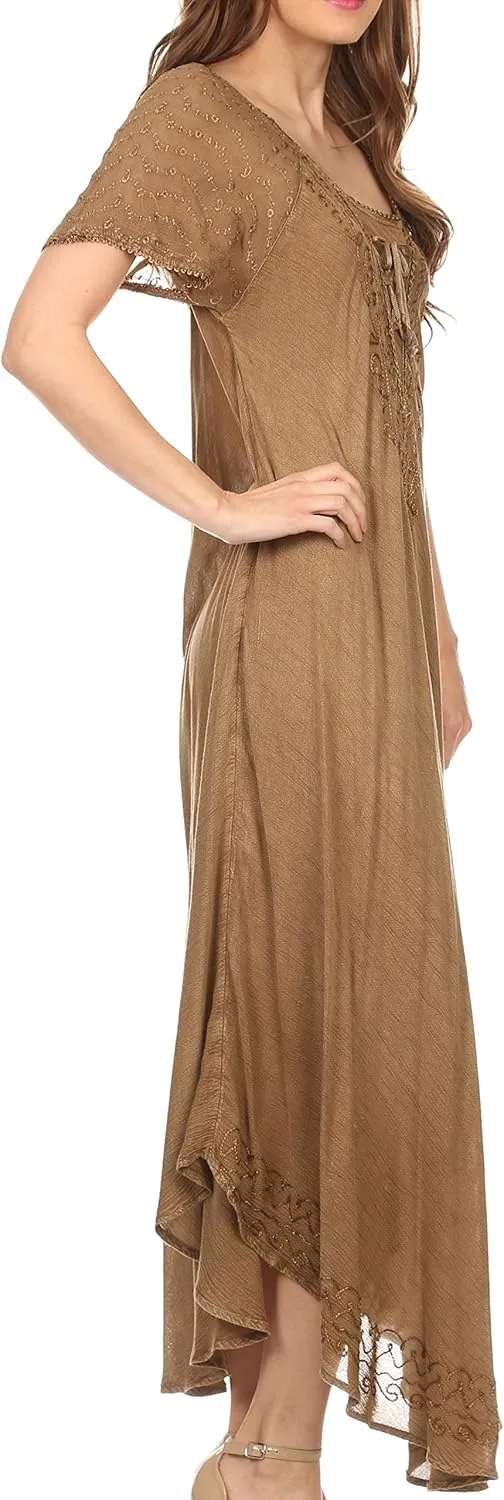 Sakkas Egan Long Embroidered Caftan Dress/Cover Up with Embroidered Cap Sleeves