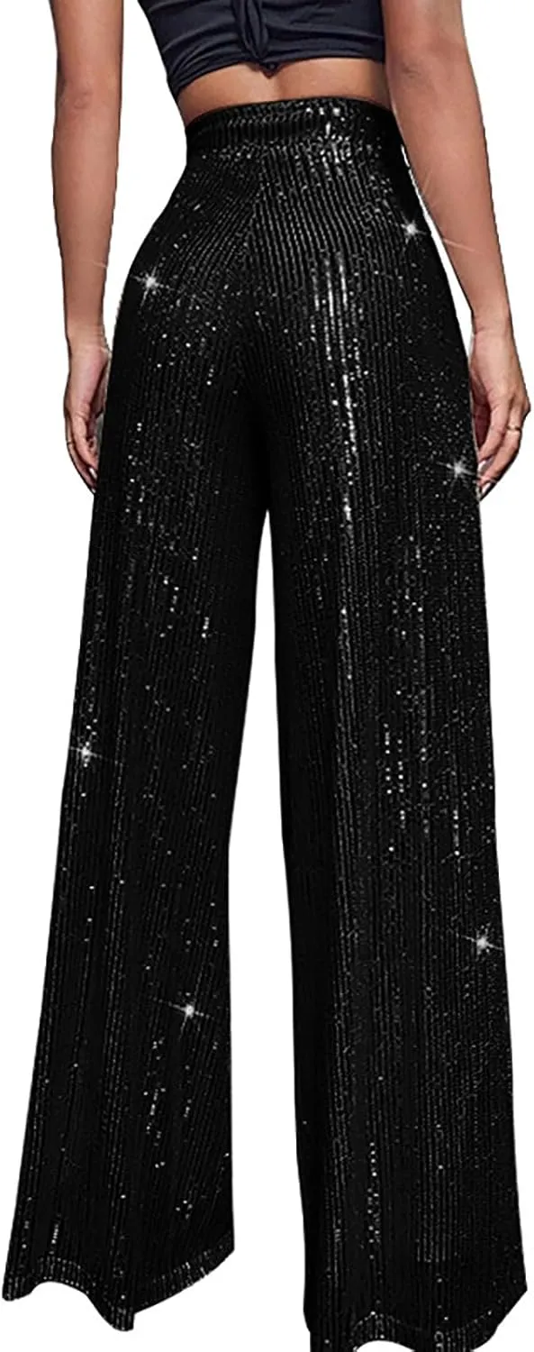 Sequin Pants Women Fashion High Waist Pant Sparkly Wide Leg Trousers Elastic Loose Side Zipper Shiny Pants