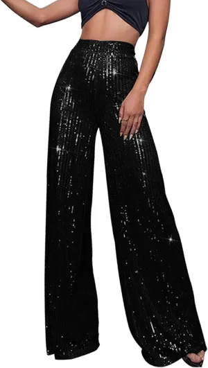 Sequin Pants Women Fashion High Waist Pant Sparkly Wide Leg Trousers Elastic Loose Side Zipper Shiny Pants