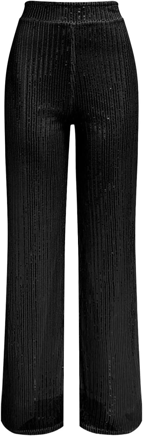 Sequin Pants Women Fashion High Waist Pant Sparkly Wide Leg Trousers Elastic Loose Side Zipper Shiny Pants