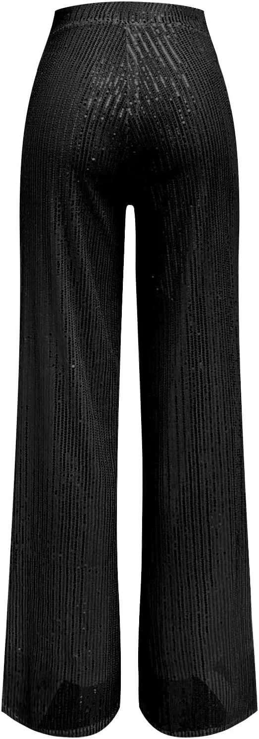 Sequin Pants Women Fashion High Waist Pant Sparkly Wide Leg Trousers Elastic Loose Side Zipper Shiny Pants