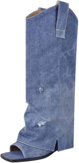 sexytag Women's Open Toe Denim Boots Distressed Wedge Heel Wash Jean Boots