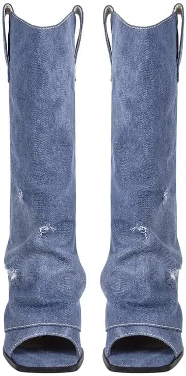 sexytag Women's Open Toe Denim Boots Distressed Wedge Heel Wash Jean Boots