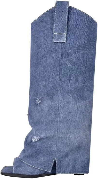 sexytag Women's Open Toe Denim Boots Distressed Wedge Heel Wash Jean Boots