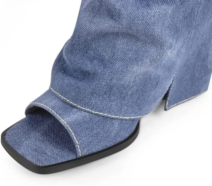 sexytag Women's Open Toe Denim Boots Distressed Wedge Heel Wash Jean Boots