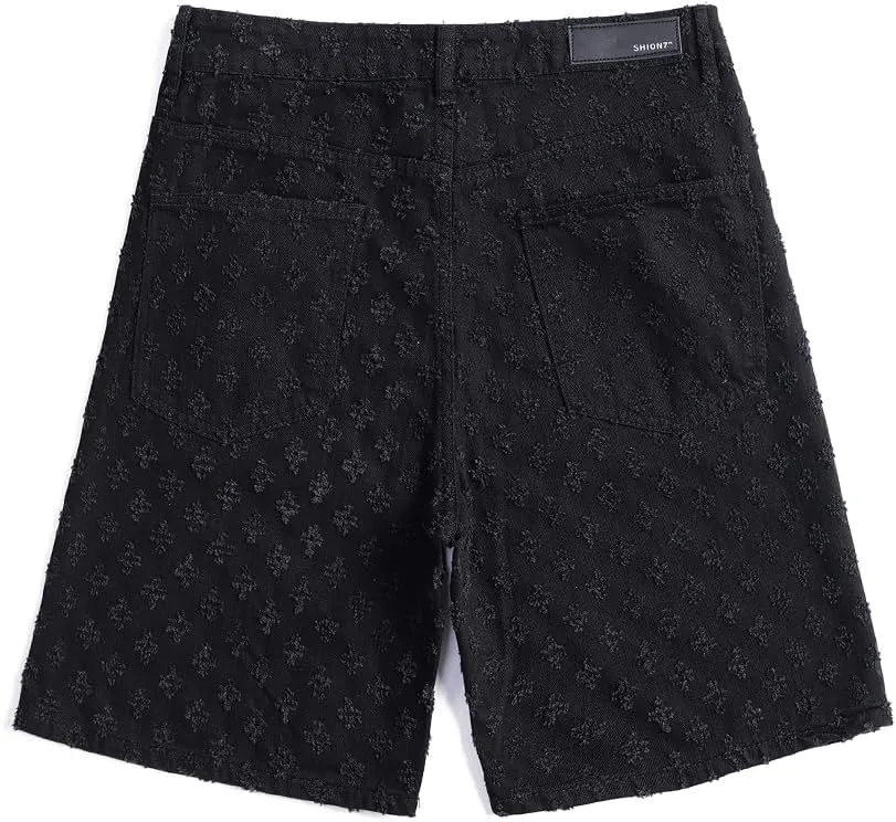 SHION7 Men's Denim Shorts, Relaxed Fit Knee Length Short Pants for Men, Ripped Baggy Half Pant, Streetwear Oversized Shorts