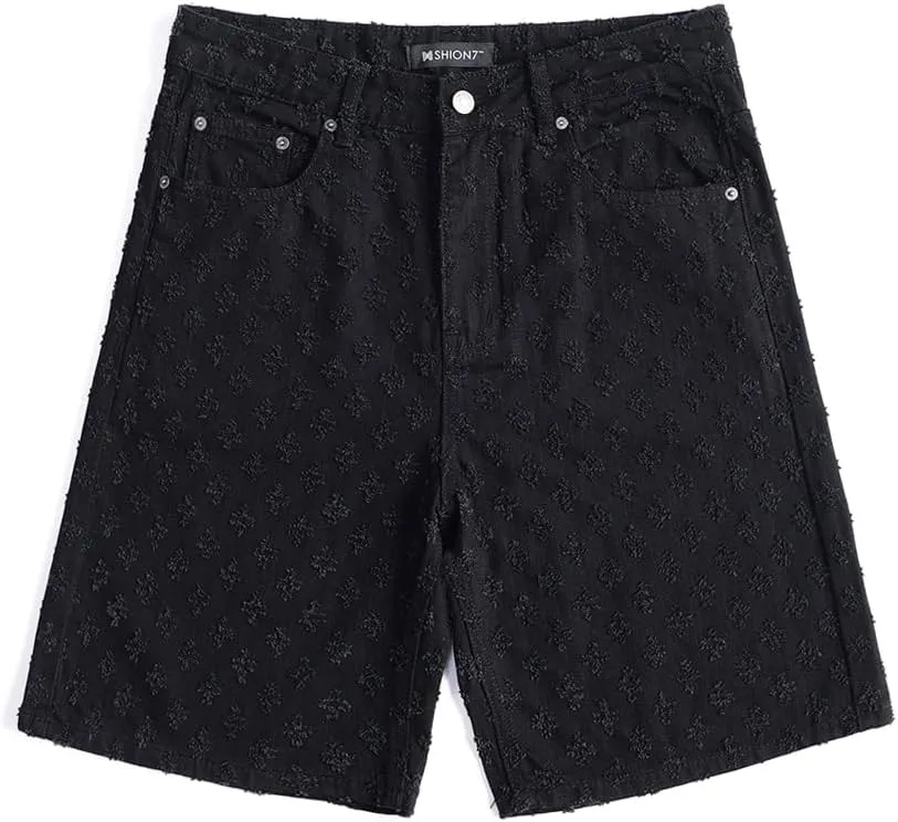 SHION7 Men's Denim Shorts, Relaxed Fit Knee Length Short Pants for Men, Ripped Baggy Half Pant, Streetwear Oversized Shorts