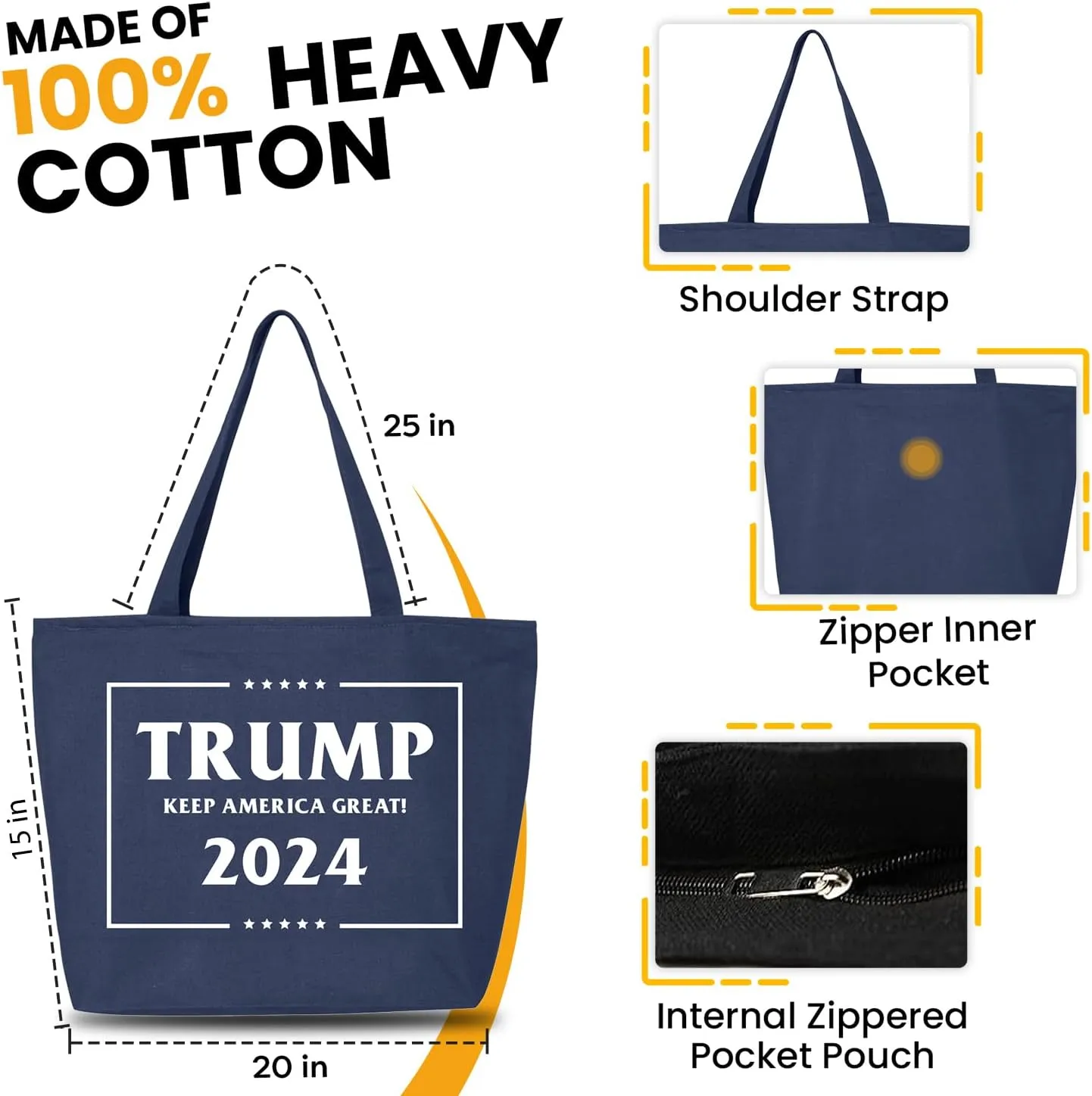shop4ever Trump Keep America Great 2024 45th US President Heavy Canvas Tote with Zipper Reusable Shopping Bag